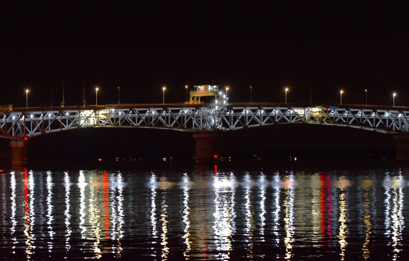 The Coleman Bridge over the York River at night, between Yorktown and Gloucester Point, Virginia