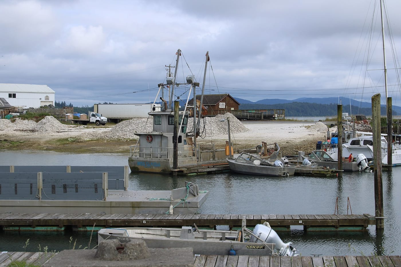 An oyster boat at the Port of Peninsula on Willapa Bay, Washington