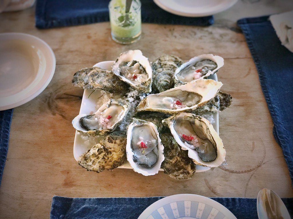 Kumiai oysters with pirul mignonette at Deckman's, Valle de Guadalupe
