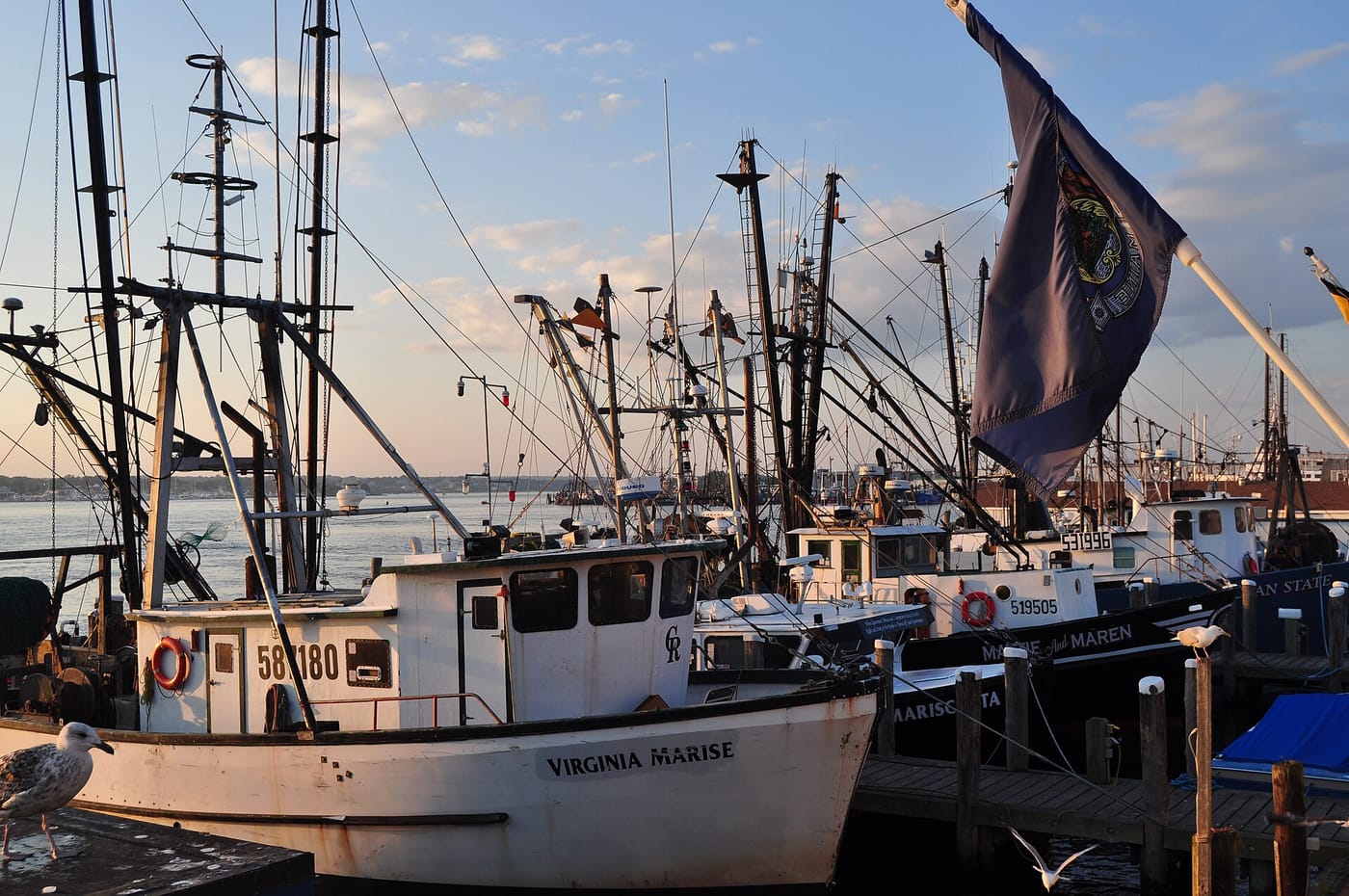 Lobster boats at Galilee, Rhode Island, with Point Judith Pond behind them