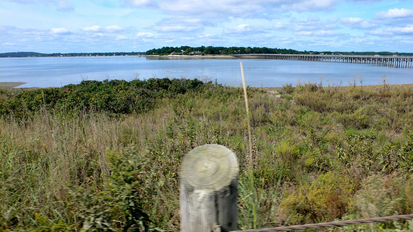 Duxbury Bay from the barrier beach, with the Powder Point Bridge in the distance